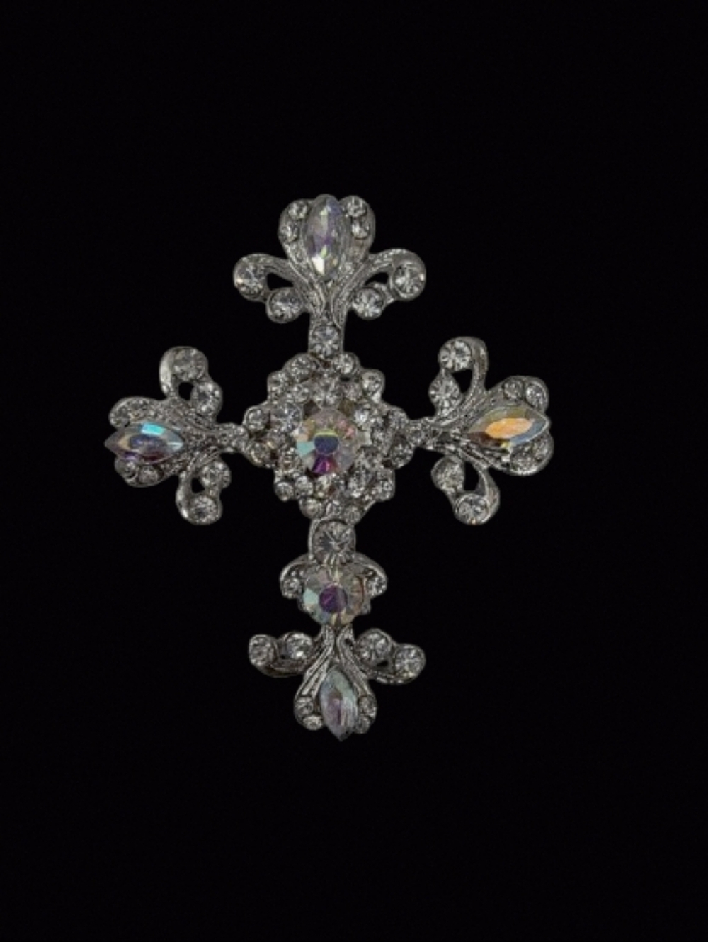 📣 Crystal Cross ✝️ Brooch Pin Iridescent Rhinestone Silver Fashion NWTags 🎁🎀